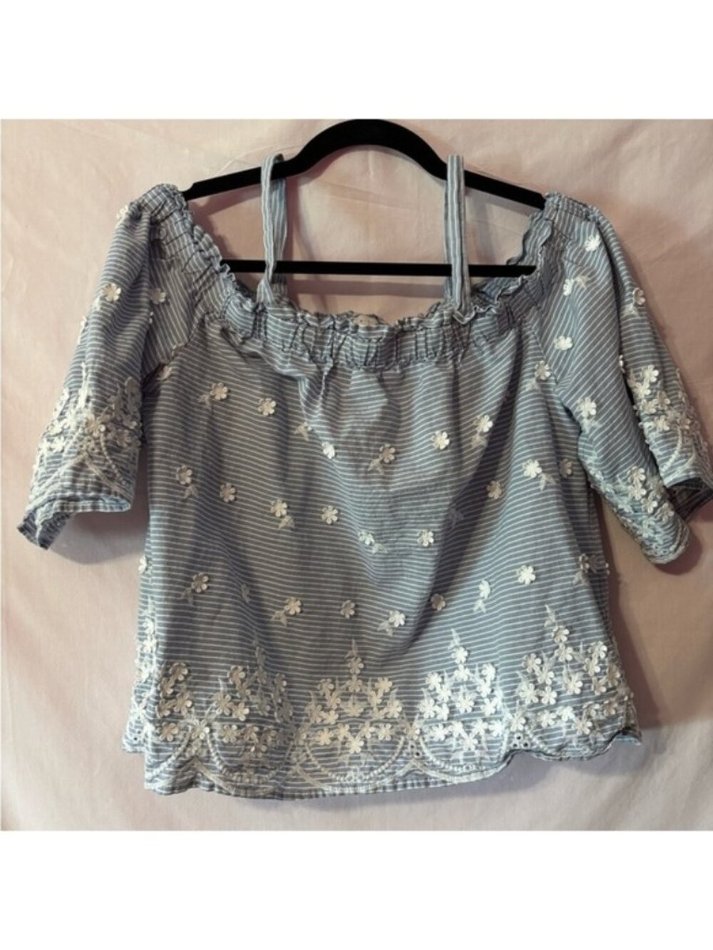 Elegant Blue Striped Blouse with White Floral Details